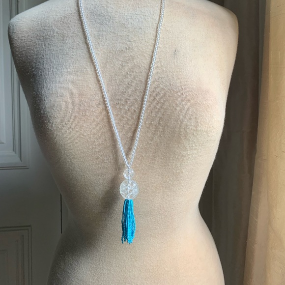 Sweet Olive Matte Rock Crystal w Carved Rock Crystal & Turquoise Tassel Necklace - Picture 3 of 5